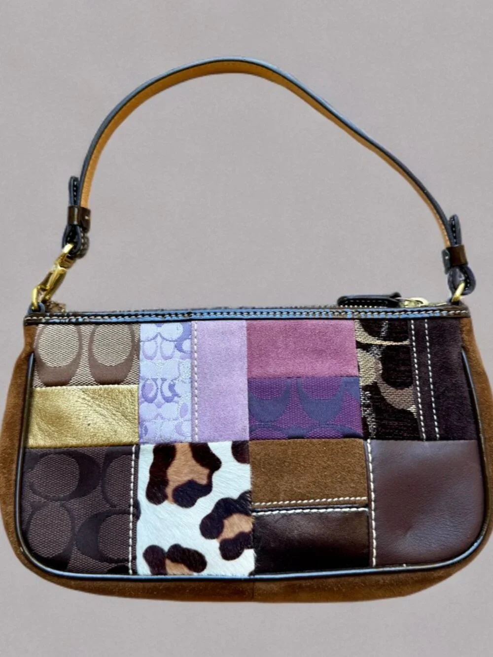 Coach Purple Leopard Demi Patchwork Shoulder Bag